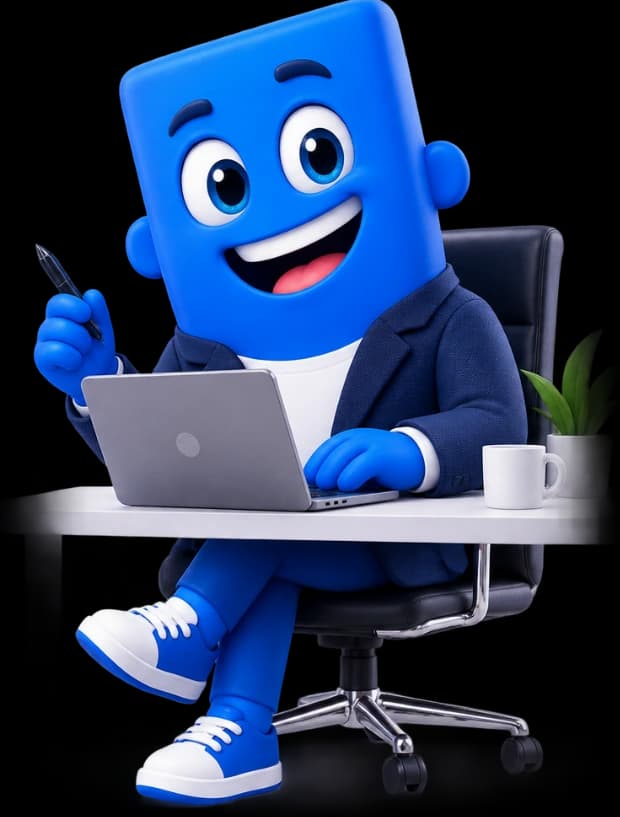 Mascote oficial da Emprego TI à mesa de trabalho, de blazer, com notebook e caderno de anotações